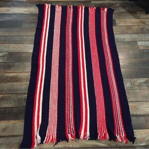Vintage Hand Crochet Afghan Throw Blanket Striped Fringe